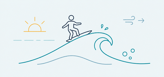 You surf — a surfer riding a wave at sunrise, monoline illustration